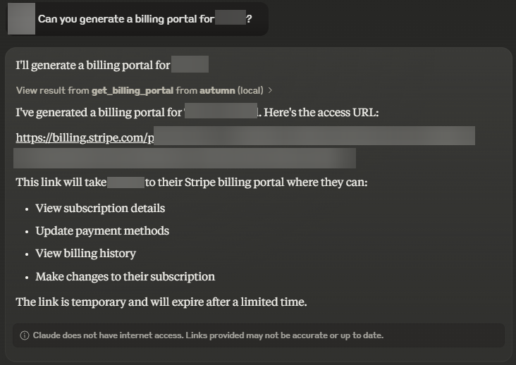 Claude creating a billing portal